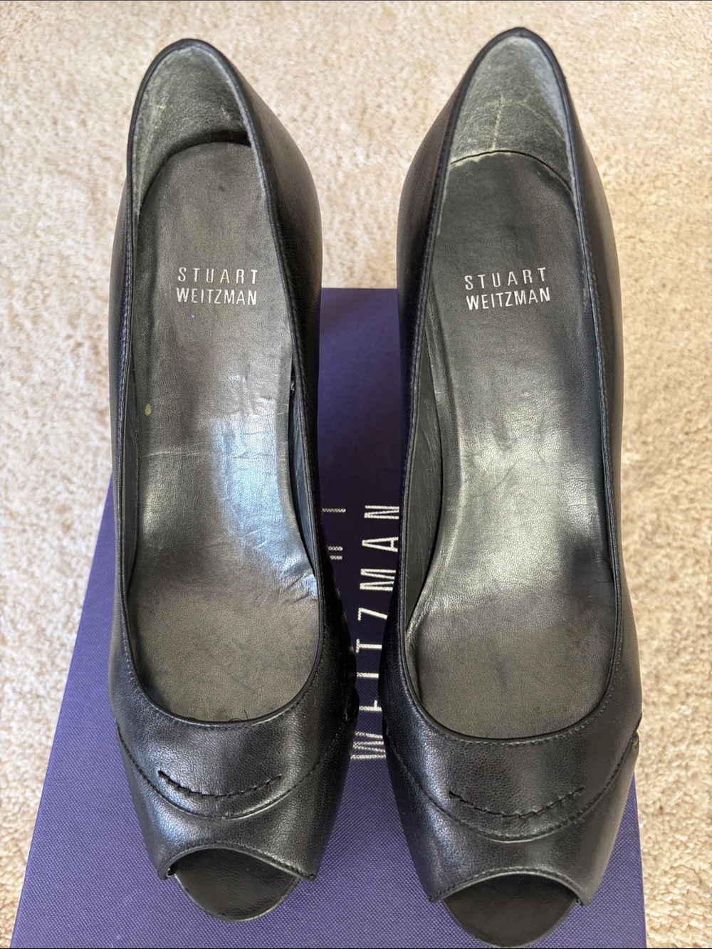 Stuart Weitzman Black Leather Peep-Toe Pumps